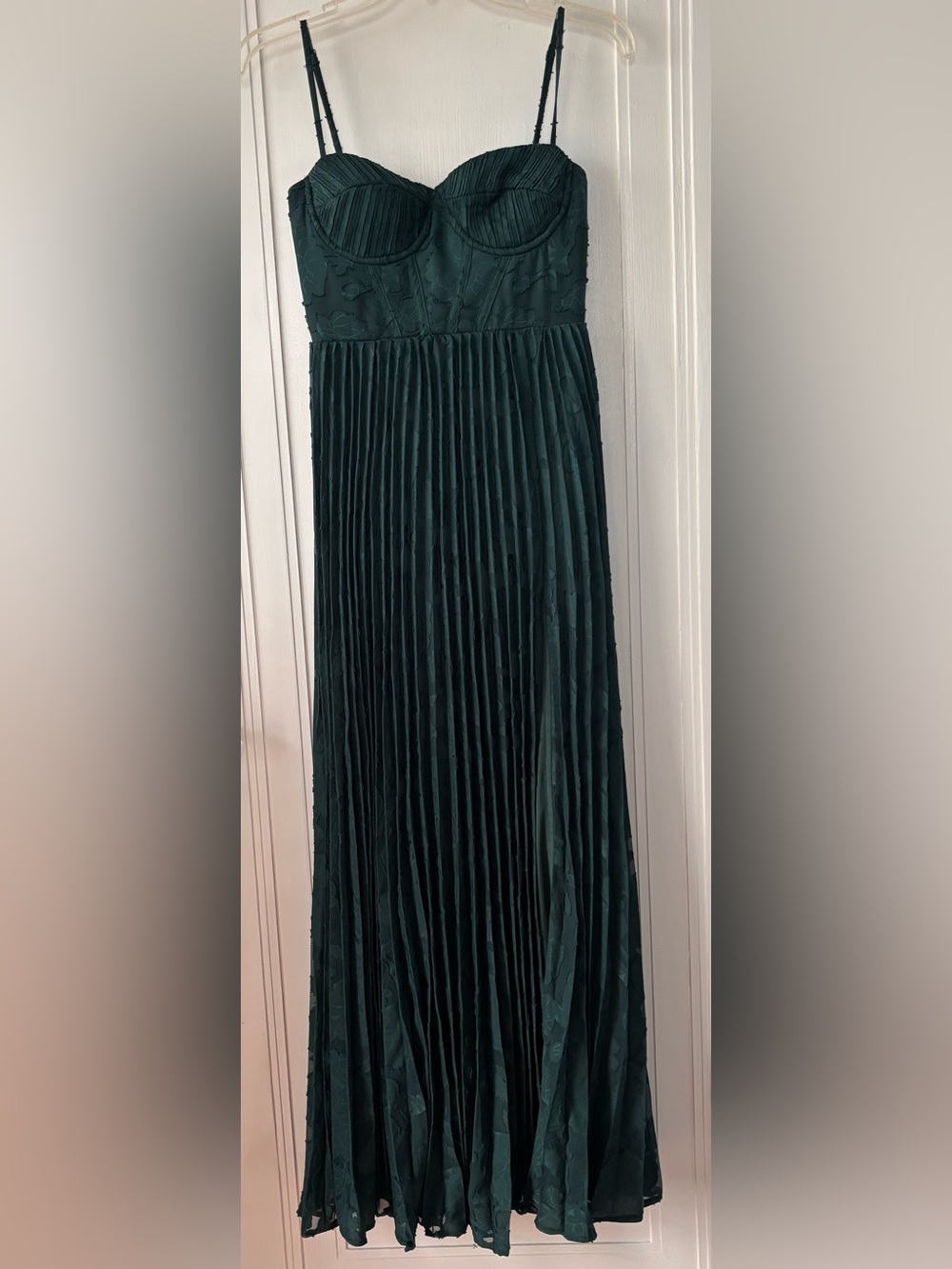 Lulus Dacie Emerald Floral Burnout Pleated Bustier Maxi Dress Green XS HEMMED - Picture 2 of 6